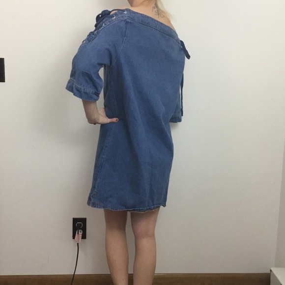 Maeve Denim Blue Lace Up Sleeve Shift Jean Dress - Picture 5 of 8